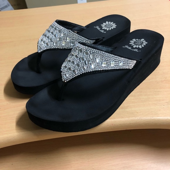 Yellow Box Shoes - Yellow Box Wedge Sandals Black Leather Jeweled 8